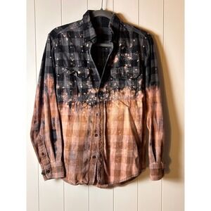 Artifacts Bleached Flannel Shirt Womens Small Grey Copper Buffalo Check Ombre